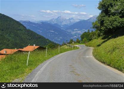 Mountain landscape along the road to Crocedomini pass, in the Brescia province, Lombardy, Italy, at summer.