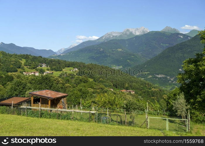 Mountain landscape along the road to Crocedomini pass, in the Brescia province, Lombardy, Italy, at summer.