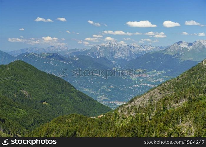 Mountain landscape along the road to Crocedomini pass, in the Brescia province, Lombardy, Italy, at summer.