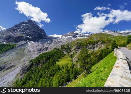 Mountain landscape along the road to Stelvio pass, Bolzano province, Trentino-Alto Adige, Italy, at summer. Glacier