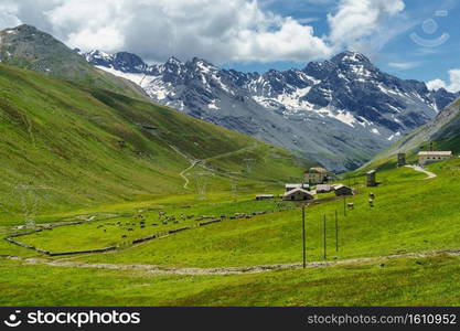 Mountain landscape along the road to Stelvio pass, Sondrio province, Lombardy, Italy, at summer.