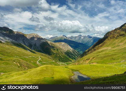 Mountain landscape along the road to Stelvio pass, Sondrio province, Lombardy, Italy, at summer.