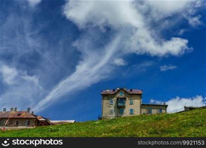 Mountain landscape along the road to Stelvio pass, Sondrio province, Lombardy, Italy, at summer.