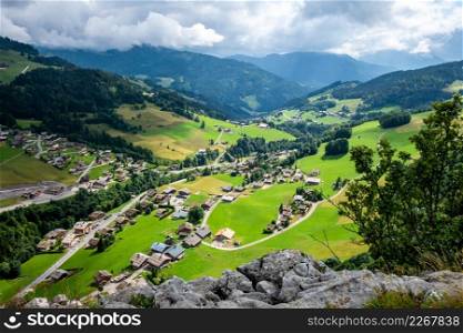 Mountain landscape and Chinaillon village. The Grand-Bornand, Haute-savoie, France. Mountain landscape and Chinaillon village, The Grand-Bornand, France