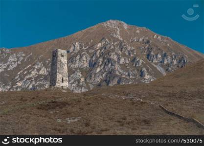 Mountain landscape and medieval architecture of North Ossetia.