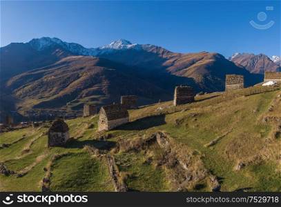 Mountain landscape and medieval architecture of North Ossetia. Shot on a drone.