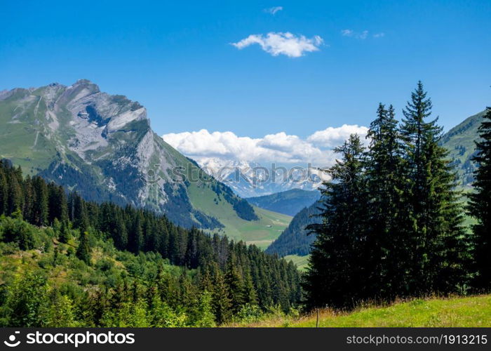 Mountain landscape and Mont Blanc view in La Clusaz, Haute-savoie, France. Mountain landscape and Mont Blanc view in La Clusaz, France