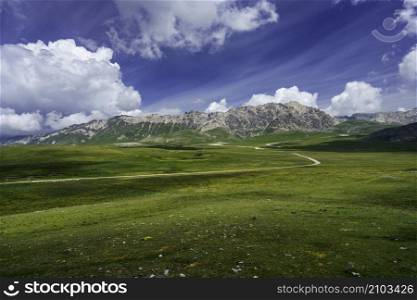 Mountain landscape at Gran Sasso Natural Park, in Abruzzo, Italy, L Aquila province, at springtime (June)