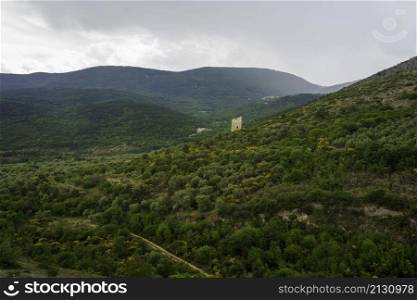 Mountain landscape at Gran Sasso Natural Park, in Abruzzo, Italy, L Aquila province, at springtime (June).