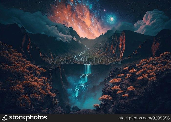 Mountain landscape at night with star in the sky. distinct generative AI image.. Mountain landscape at night with star in the sky