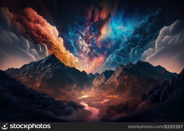 Mountain landscape at night with star in the sky. distinct generative AI image.. Mountain landscape at night with star in the sky