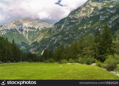 Mountain landscape at summer along the road of Landro valley, Dolomites, Bolzano province, Trentino Alto Adige, Italy, from Misurina to Dobbiaco