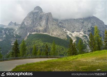 Mountain landscape at summer along the road to Fedaia pass, Dolomites, Trento province, Trentino Alto Adige, Italy
