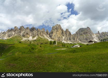 Mountain landscape at summer along the road to Gardena pass, Dolomites, Bolzano province, Trentino Alto Adige, Italy