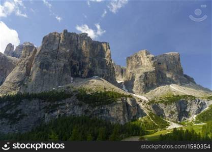 Mountain landscape at summer along the road to Gardena pass, Dolomites, Bolzano province, Trentino Alto Adige, Italy
