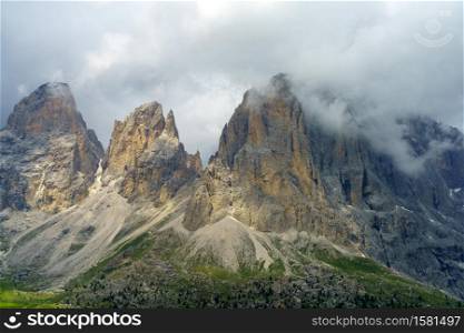 Mountain landscape at summer along the road to Sella pass, Dolomites, Bolzano province, Trentino Alto Adige, Italy