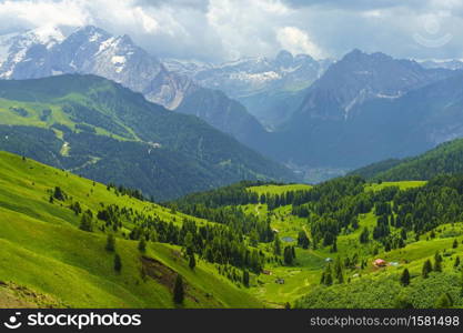 Mountain landscape at summer along the road to Sella pass, Dolomites, Trento province, Trentino Alto Adige, Italy