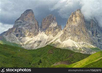 Mountain landscape at summer along the road to Sella pass, Dolomites, Trento province, Trentino Alto Adige, Italy