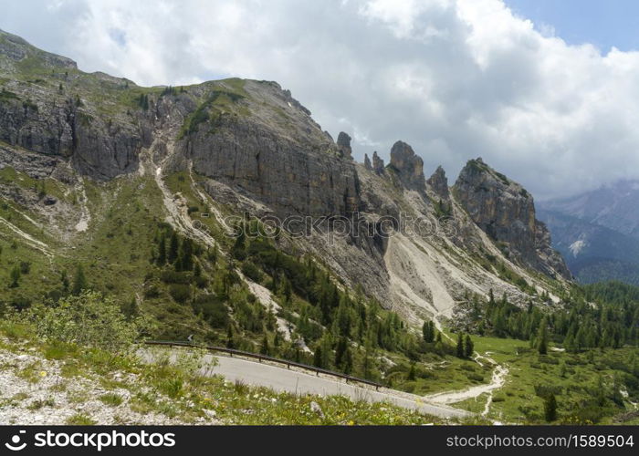 Mountain landscape at summer along the road to Tre Cime di Lavaredo, Dolomites, Belluno province, Veneto, Italy.