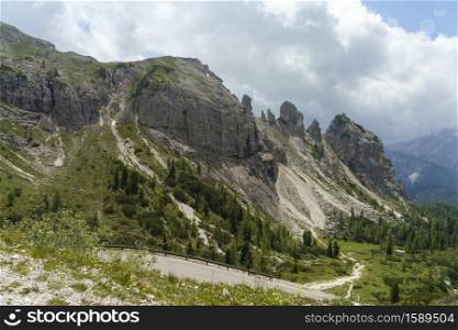 Mountain landscape at summer along the road to Tre Cime di Lavaredo, Dolomites, Belluno province, Veneto, Italy.