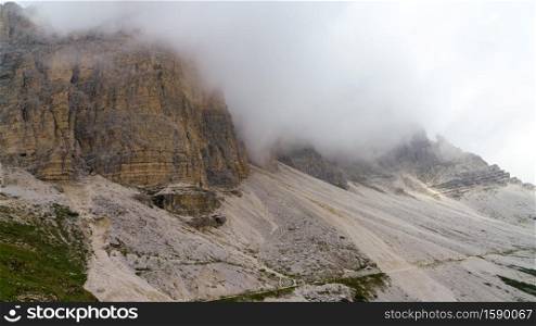 Mountain landscape at summer along the road to Tre Cime di Lavaredo, Dolomites, Belluno province, Veneto, Italy.