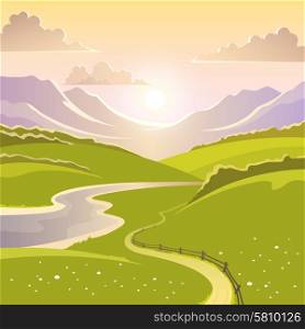 Mountain landscape background with river road and meadow flat vector illustration. Mountain Landscape Background