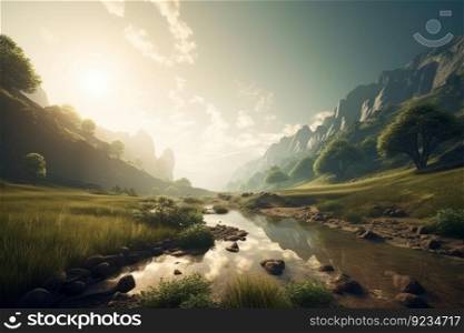 Mountain landscape field sun light. Summer nature. Generate Ai. Mountain landscape field sun light. Generate Ai