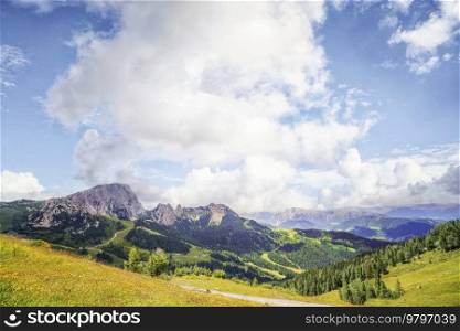 Mountain landscape from Austria with the alps udner a blue sky in the summer
