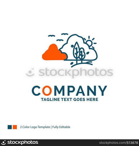 mountain, landscape, hill, nature, tree Logo Design. Blue and Orange Brand Name Design. Place for Tagline. Business Logo template.