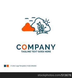 mountain, landscape, hill, nature, tree Logo Design. Blue and Orange Brand Name Design. Place for Tagline. Business Logo template.