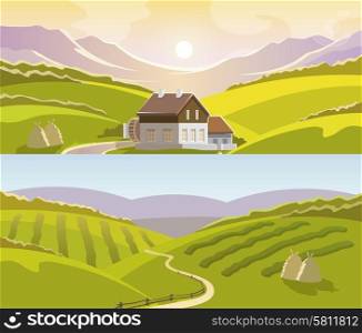 Mountain landscape horizontal banner set with crop on field and country house isolated vector illustration. Mountain Landscape Banner Set