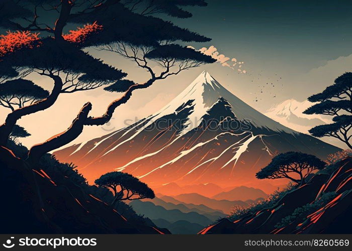 Mountain landscape illustration made in the traditional Japanese style. High mountain in the clouds, tall trees. AI generated illustration. Mountain landscape, AI generated illustration