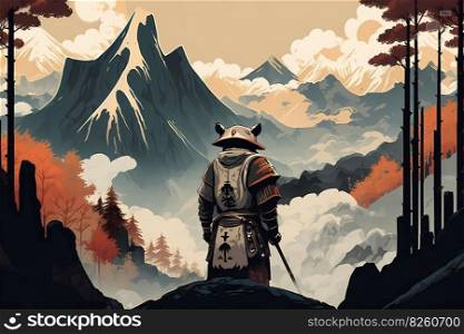 Mountain landscape illustration made in the traditional Japanese style. High mountain in the clouds, tall trees and samurai in the distance. AI generated illustration. Mountain landscape, AI generated illustration