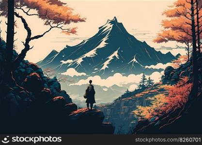 Mountain landscape illustration made in the traditional Japanese style. High mountain in the clouds, tall trees and samurai man in the distance. AI generated illustration. Mountain landscape, AI generated illustration