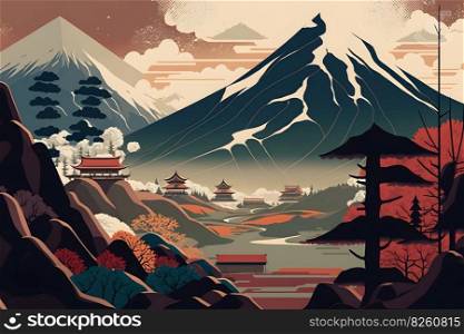 Mountain landscape illustration made in the traditional Japanese style. High mountain in the clouds, tall trees. AI generated illustration. Mountain landscape, AI generated illustration