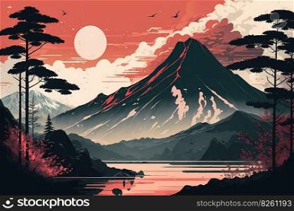 Mountain landscape illustration made in the traditional Japanese style. High mountain in the clouds, tall trees. AI generated illustration. Mountain landscape, AI generated illustration