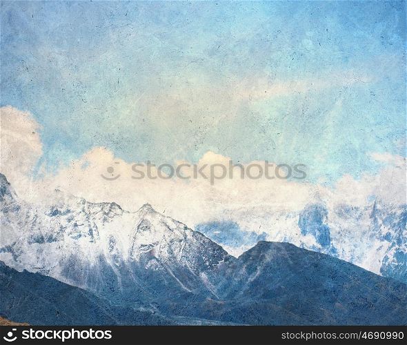 Mountain landscape. Painting with a snow high mountains landscape