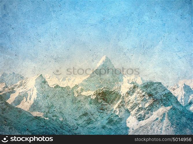Mountain landscape. Painting with a snow high mountains landscape