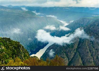 Mountain landscape. River Sil Canyon in Parada de Sil, Galicia Spain. View from Cabezoa lookout. Tourist place.. River Sil Canyon, Galicia Spain. Mountain view.