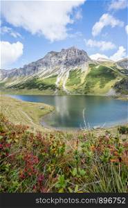 Mountain landscape: Rocky mountain range, clear water lake, colorful flowers and blue cloudy sky