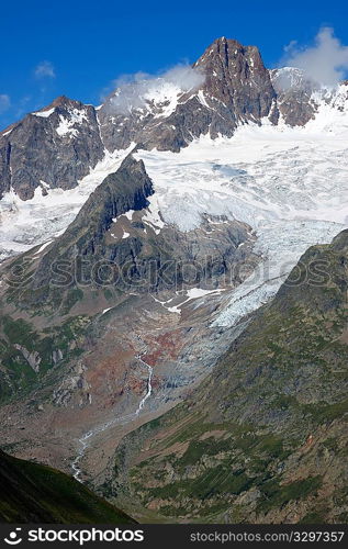 Mountain landscape: rocky peaks and big glaciers. Mont Blanc massif, Italy.