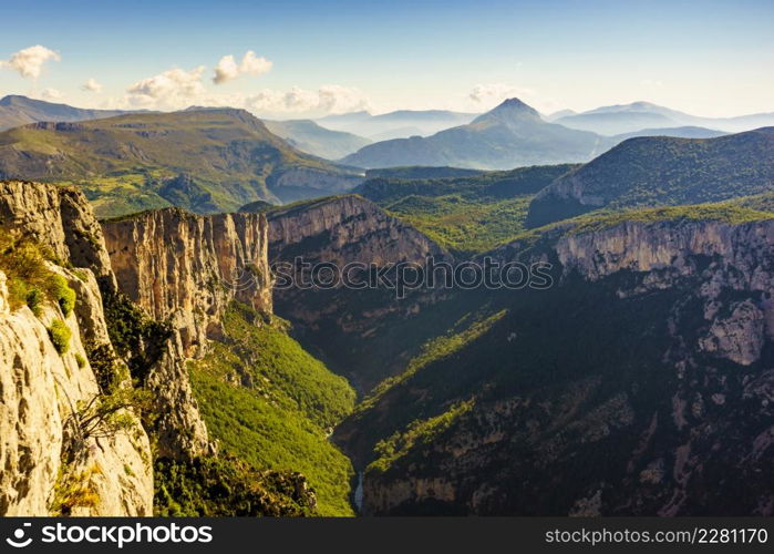 Mountain landscape. Verdon Gorge in in French Alps, Provence France. Regional Natural Park. River grand canyon. Tourists place. View from Belvedere de la Dent d&rsquo;Aire viewpoint.. Mountain landscape, Verdon Gorge in France.