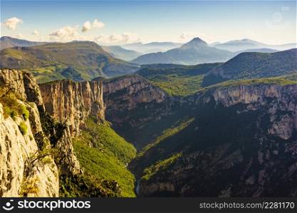 Mountain landscape. Verdon Gorge in in French Alps, Provence France. Regional Natural Park. River grand canyon. Tourists place. View from Belvedere de la Dent d&rsquo;Aire viewpoint.. Mountain landscape, Verdon Gorge in France.