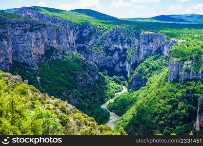 Mountain landscape. Verdon Gorge in in French Alps, Provence France. Regional Natural Park. River grand canyon. Tourists place.. Mountain landscape, Verdon Gorge in France.