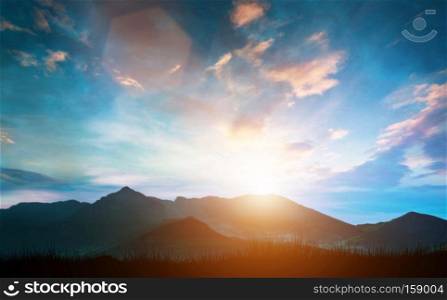 Mountain landscape with clouds and sunset. Nature. Scenic views.. Mountain landscape with clouds and sunset.