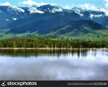 Mountain landscape with green forest and lake