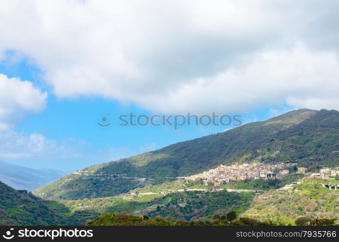 mountain landscape with Savoca village in Sicily in spring