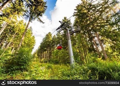 Mountain lift going up in a green forest in the summer sun