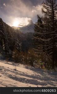mountain matterhorn zermatt switzerland with fresh snow on beautiful winter day