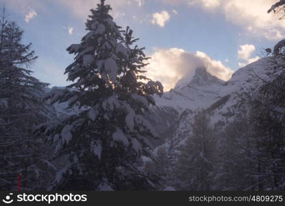 mountain matterhorn zermatt switzerland with fresh snow on beautiful winter day